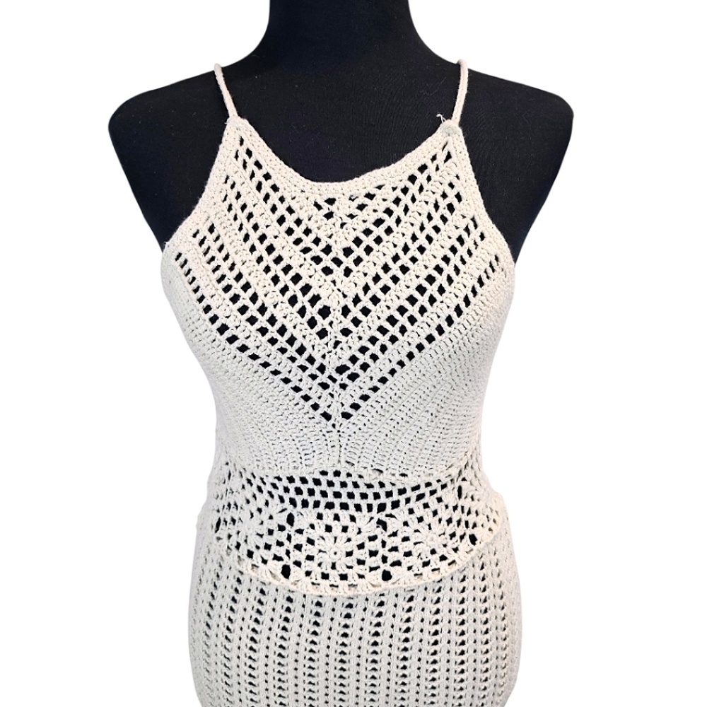 Forever 21 Ivory Crochet Knit Midi Dress Small Boho Chic Resort Beach Cover Up - Picture 6 of 12